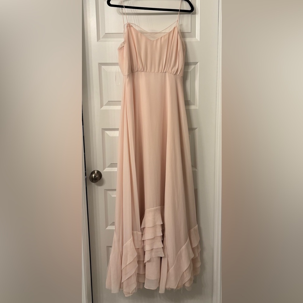 Pink Asymmetrical Tiered Spaghetti Strap Gown